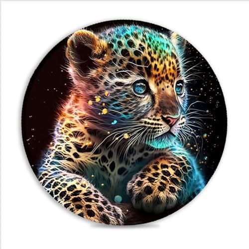 Tapis Souris Jeu Mignon bébé léopard Cosmique (10 Pouces) Tapis Souris Rond Tapis Souris en Tissu SU qualité supérieure Base en Caoutchouc antidérapant Bords Cousus pour Jeux et Bureau