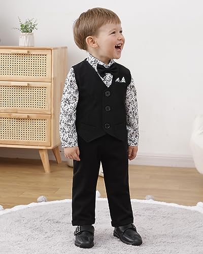 Image of YALLET Baby Boy Clothes Suit 0-24 Months Infant Gentleman Outfits Formal Dress Shirt+Bowtie+Vest+Pants Set Baby Wedding Suits