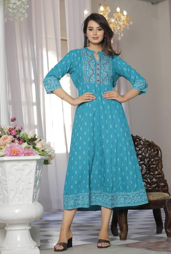 Image of Krishna Garments Jaipur's Sanganeri Women's Viscose Rayon Anarkali Kurta with Beautiful Chikan Embroidery Work If You wear This, Your Look Will Very Good