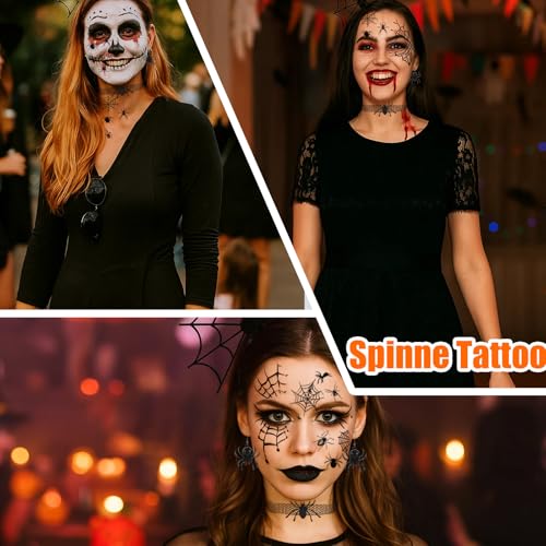 BaiDekun Spinnenkostüm Damen Set inklusive Spinnenweben-Strumpfhosen, Spinnennetz-Zubehör-Set, Spinnen-Gesichtstattoos, Spinnen-Halsbändern, Fledermaus-Kostüm Damen, Karneval
