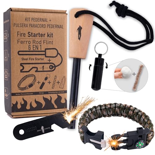 John Lossag Kit Pedernal Supervivencia Profesional con Pulsera Paracord Mini Pedernal Ferrocerio Multiusos Regla
