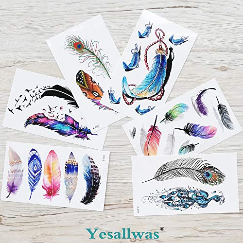 Yesallwas 6 Sheets Small Feather Temporary Tattoo Sticker Fake Peacock Tattoos For Women Girls Models,Waterproof Long Lasting Body Art Makeup Sexy Realistic Arm Tattoos #TOP5