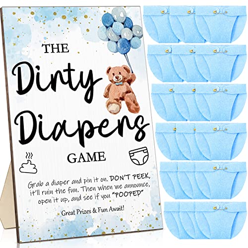 Roowest 51 Pcs Dirty Diaper Baby Shower Games Funny Wooden Sign with 50 Pcs Mini Diapers Cute Felt for Gender Reveal Party Baby Shower(Bear Blue)