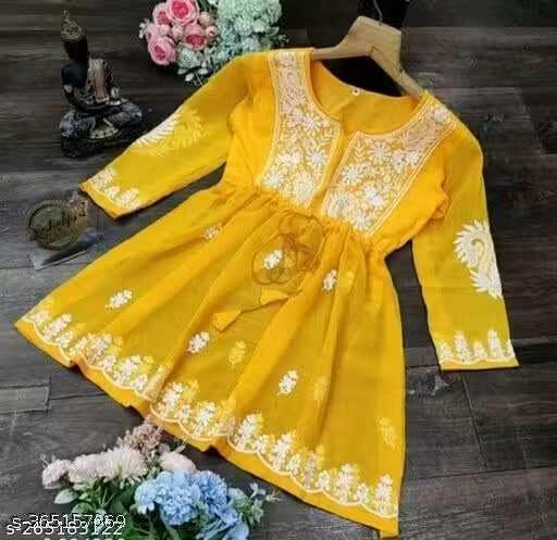 Image of Gauri Laxmi Enterprise Women's Embroidered Georgette Peplum Top | Ethnic Tunic Kurti with Sheer Sleeves | Casual Top for Women