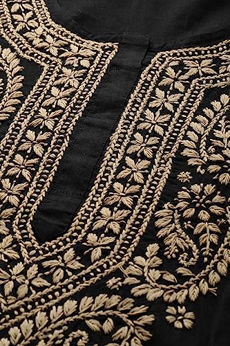 Image of Ada Hand Embroidered Chikankari Black Cotton Kurta for Women A207632. (S) | Women's handcrafted ethnic wear Chikan Embriodery casual office work wear Straight pure cotton handmade kurti tunic