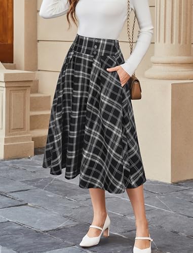 Belle Poque Plaid Skirts for Women High Waisted Midi Skirt A-line Pleated Fall Skirts 20253