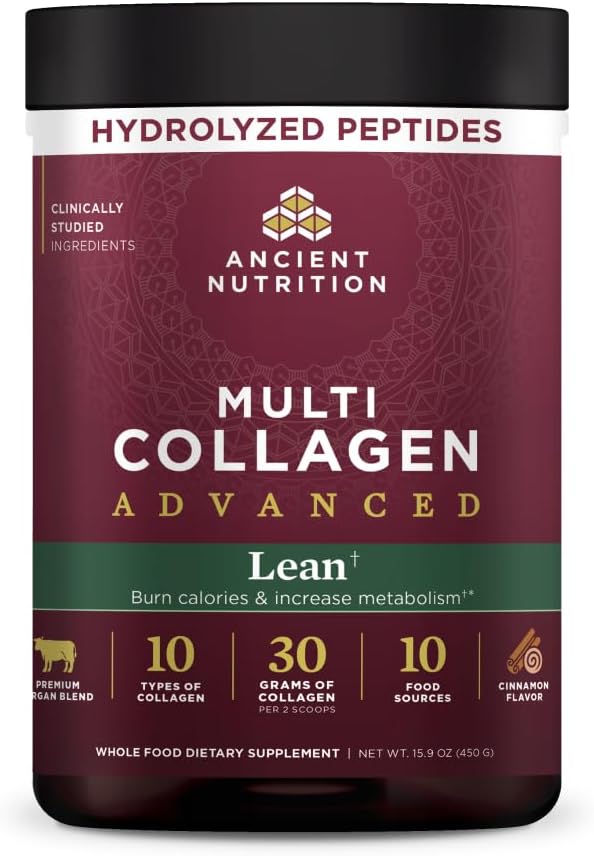 Ancient Nutrition Advanced Hydrolyzed Collagen Peptides Powder Protein Lean with Probiotics and Vitamin C, Cinnamon, for Women & Men, Supports Healthy Weight Management & Muscle Building, 25 Servings