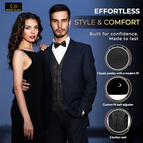 Oliver George Men's 4pc Paisley Formal Suit Waistcoat Tuxedo Dress Vest Necktie Bowtie Handkerchief Set for Suit or Tuxedo4