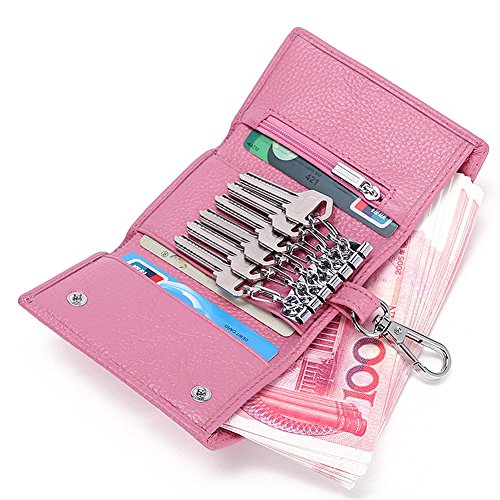 Holly Trip Unisex Compact Premium Leather Key Case Wallet Keychain Key Holder Ring With 6 Hanging Buckle Hooks Snap Closure, Pink #TOP5