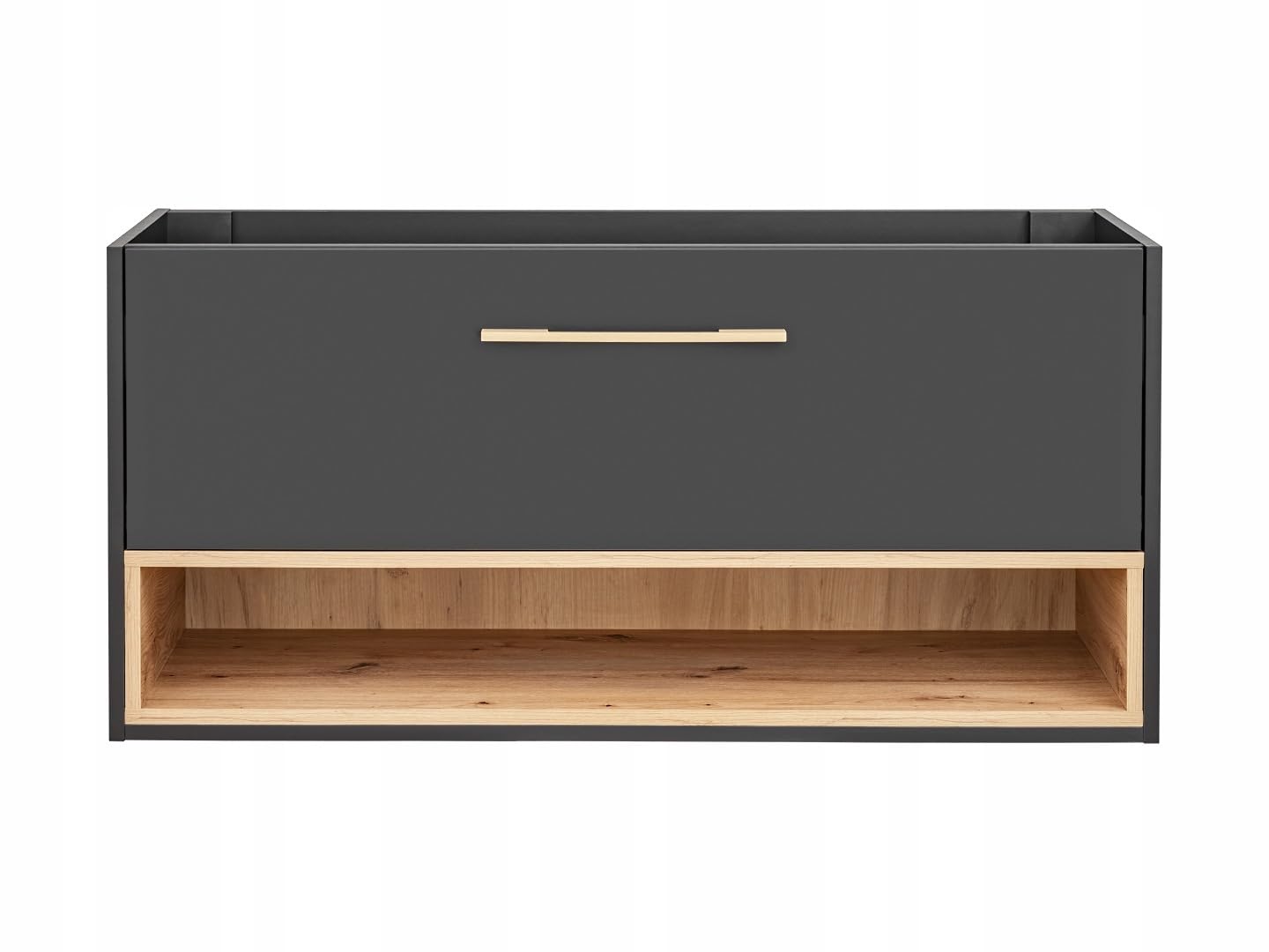 Mobile da bagno sospeso per lavabo da 120 cm, con cassetto e mensola, color grafite opaco/rovere – mobile da bagno
