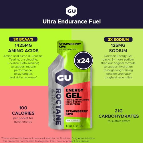 Image of GU Energy Roctane Ultra Endurance Energy Gel, Vegan, Gluten-Free, Kosher, and Dairy-Free On-The-Go Sports Nutrition for Running, Biking, Hiking or Skiing, Strawberry Kiwi (24 Packets)