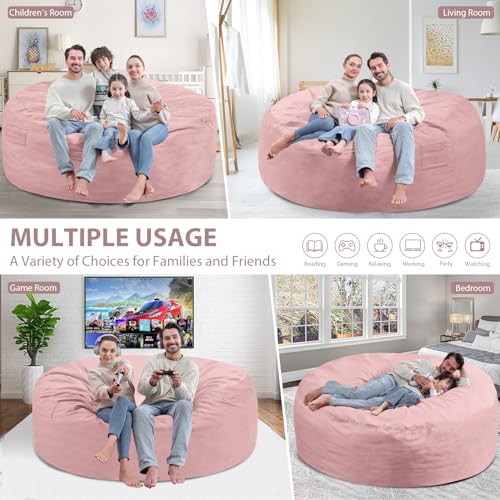 6FT Bean Bag Chair, Large Bean Bag Chairs with Memory Foam Filled, Fluffy Beanbag Sofa with Dutch Velvet Cover, Round BeanBag Chairs for Living Room, Playroom- Light Pink