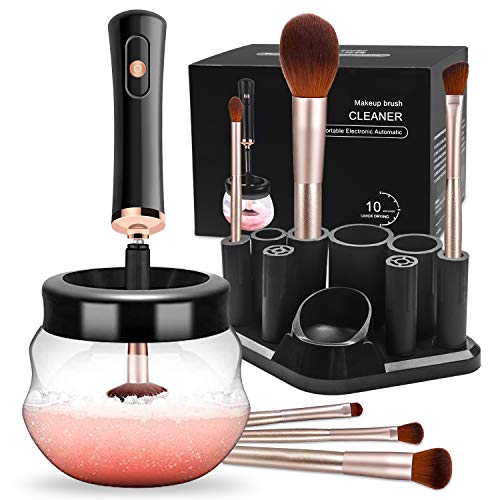 Makeup Brush Cleaner, Electric Makeup Brush Cleaning Dryer Set Spinner Automatic with 8 Rubber Collars for Deep Clean Most Size Makeup Brushes (BLACK)