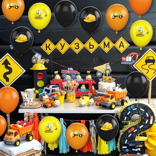 Image of Construction Balloons,30Pcs 12inch Yellow Orange Black Printed Works Latex Balloon for Children Construction Them Party Birthday Baby Shower Dump Truck Party Decorations