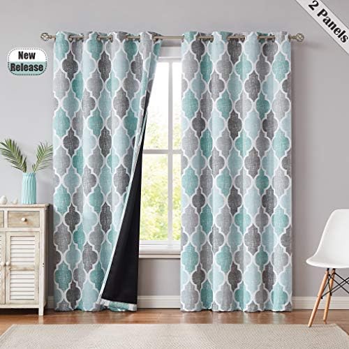 Beauoop Grommet Top Print Bedroom Curtains 84 Inches Long 95% Blackout Window Curtain Panels Moroccan Geo Thermal Insulated Drapes Quatrefoil Window Treatment Set, 50 by 84 Inch, Aqua/Gray (2 Panels)
