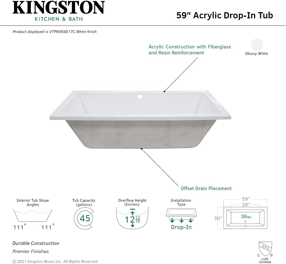 Kingston Brass VTPN593017C Acrylic Drop-In Tub without Drain, 59-1/16" x 29-1/2" x 16-9/16", White