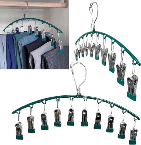 Image of Vastra Leggings Organizer for Closet, Metal Pants Hanger with 10 Rubber Coated Clips, Space Saving Wardrobe Organizer for Leggings, Jeans, Scarves, Dupattas, Towels & Baby Clothes (3, Green)