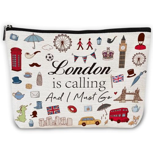 Kosmetiktasche Damen London Souvenir Leinen Tasche mit London is Calling Spruch und Stadt Motiv Cosmetic Bag Mit Futter für Reise Alltag und Geschenke 25 x 17 cm