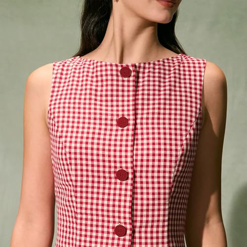 Women Summer Mini Plaid Tank Dress Sleeveless Round Neck Button Up Bodycon Cocktail Party Dress4