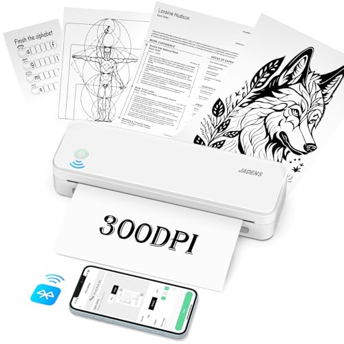 JADENS 300 W Thermal Printer, Inkless, Portable, 8.5''11'' Thermal Paper, 300DPI, Compatible with iOS, Android & Laptop White