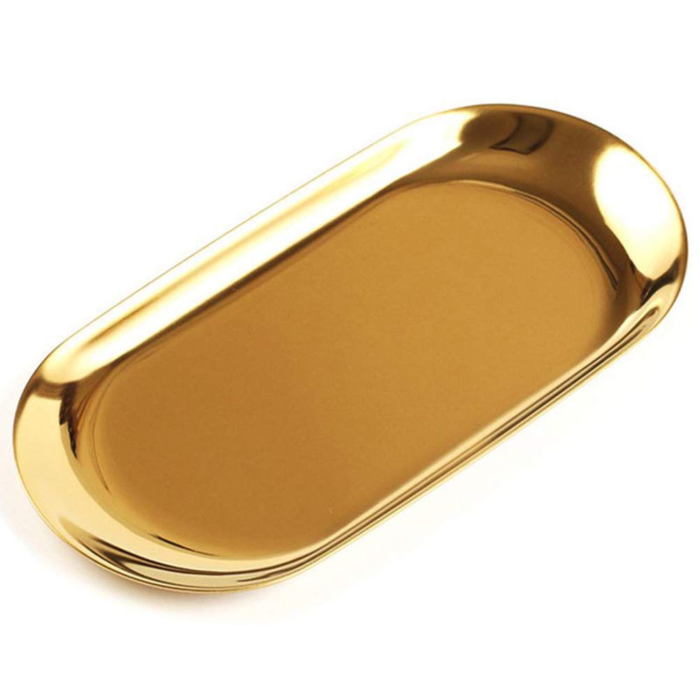 AKOAK 1 Pack Stainless Steel Decorative Tray, Jewelry Storage Tray, Cosmetics Organizer Bathroom Clutter Service Tray for Storing Towels, Fruit, Snacks, Perfume, Bathroom Accessories, Oval, Gold