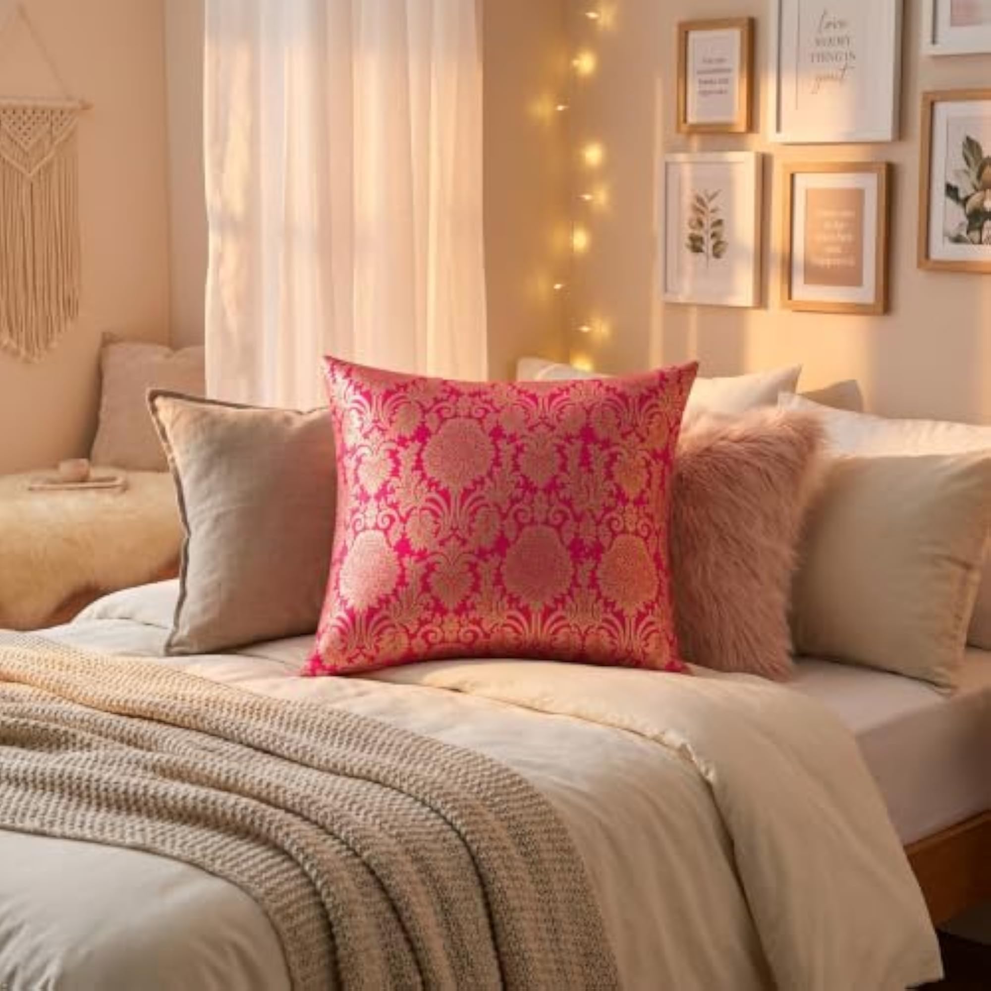 Pink Brocade Silk Throw Pillow Cover with Gold Damask Pattern