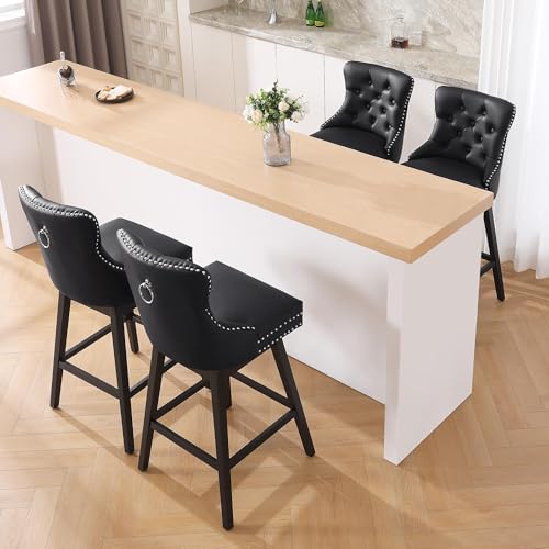Image of Black Leather Swivel Bar Stools Set of 4 with Back, 30 Inch Counter Height Chairs, Solid Wood Legs, Tufted Seat, Comfortable and Stylish for Kitchen, Island, Home Bar(Black, 4 Pack, 30 inch H)