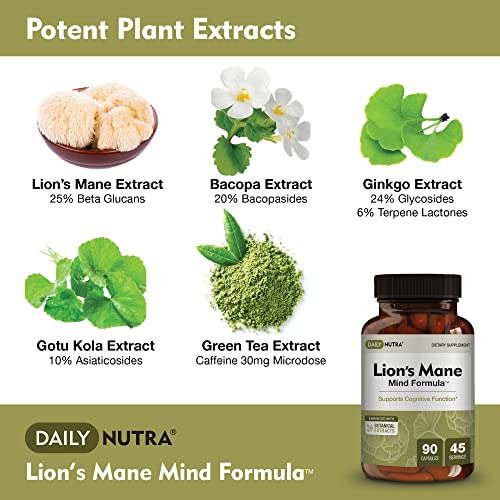 Dailynutra Lion’s Mane Mind Formula - Nootropic Supplement For Cognitive Brain Health | Organic Mushroom Extract With Bacopa, Gingko, And Gota Kola (90 Capsules) #TOP2