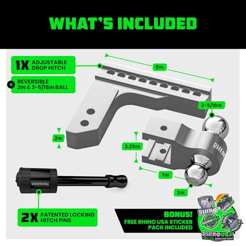 Image of Rhino USA Adjustable Trailer Hitch (2-Inch Receiver) - Heavy Duty Aluminum Tow Hitches with 8-Inch Drop /Rise for Truck (12,500 LBS GTW) - Weatherproof Double Anti-Theft Locking Hitch Pins (Silver)