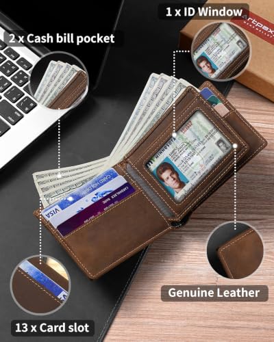 Image of Artpaxy Mens Wallet Bifold Genuine Leather RFID Blocking Wallet for Men with 1 ID Window 13 Card Holders 2 cash pockets 1 Gift Box