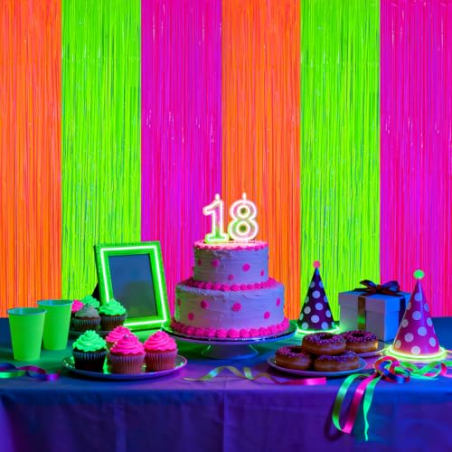 Image of 2 Pack Glow in The Dark Party Curtains Streamers, Neon Party Decorations Fluorescent Macaron Colorful Tinsel Foil Fringe Curtains, Photo Booth Prop Backdrop Streamers, Birthday Halloween Party Decor