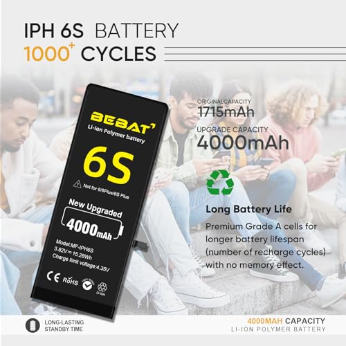 Image of Replacement for iPhone 6S Battery,4000mAh High Capacity Li-ion Polymer Replacement Battery for Model A1633 A1688 A1700 with Complete Professional Repair Tool