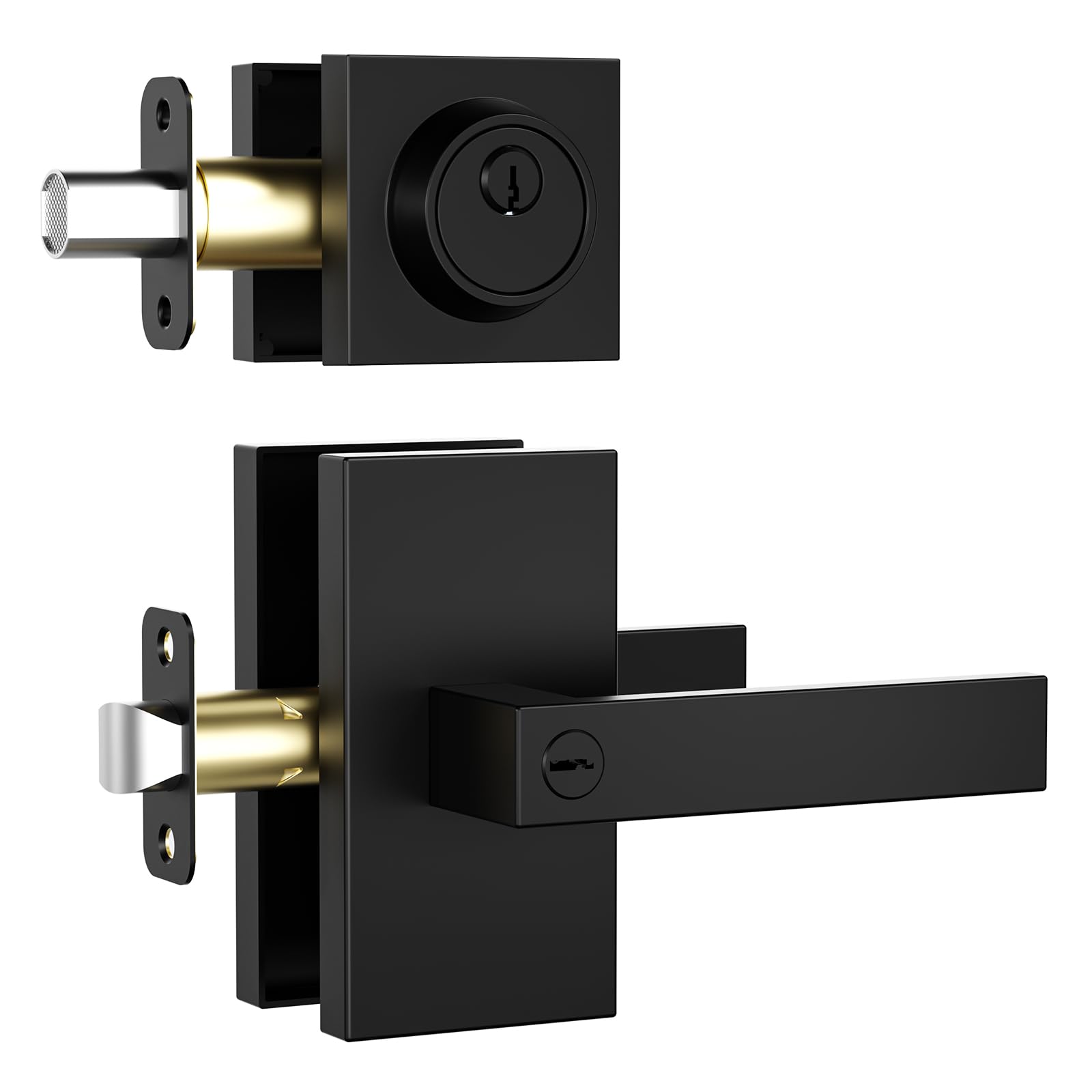 Matte Black Exterior Door Lock Set with Deadbolt, Square Contemporary Entry Lever Door Handle with Deadbolt, Keyed Alike Entry Locksets, Heavy Duty Zinc-alloyed Front Door Lock