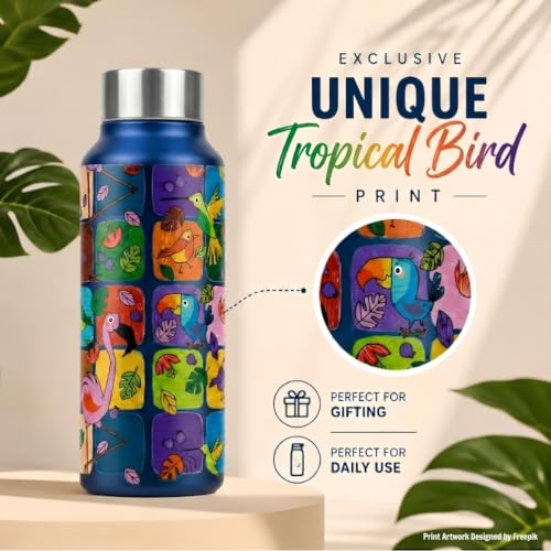Image of VOIK Printed Stainless Steel Water Bottles for Kids, Office, Sports & Travel (750 ML) (Flamingo-Screw)