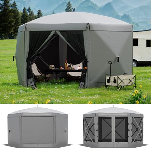 Garvee 13FT Pop-Up Gazebo 6-Sided, Outdoor Canopy Tent with Mosquito Netting & Removable Wind Cloths for Camping, Backyard Parties, Outdoor Events, Grey