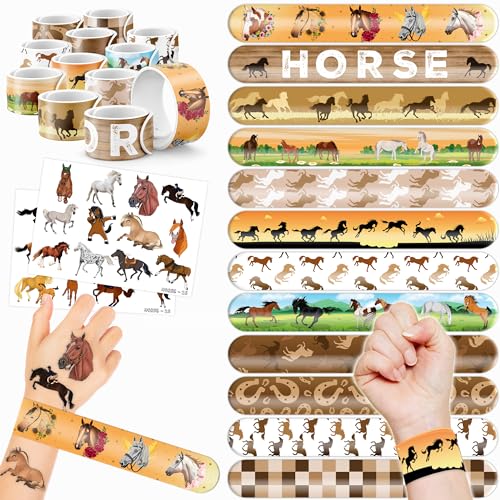 48PCS Horse Party Favors - 24 Temporary Tattoos & 24 Slap Bracelets, Perfect for Horse-Themed Birthdays, School Prizes, and Christmas Rewards for Kids