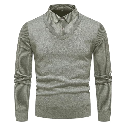 Men's Faux Two Piece Lapel Pullover Striped Cable Knitted Shirt Sweater Slim Fit Lightweight Soft Sweatshirts
