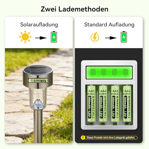 KINREECELL Wiederaufladbare AAA-Batterien, NI-MH-Triple-A-Solarbatterien mit echter Kapazität, 1.2 V vorgeladen für Solarleuchten, Lichterketten, Solar-Wegeleuchten (AAA-300 mAh, 12 Stück)