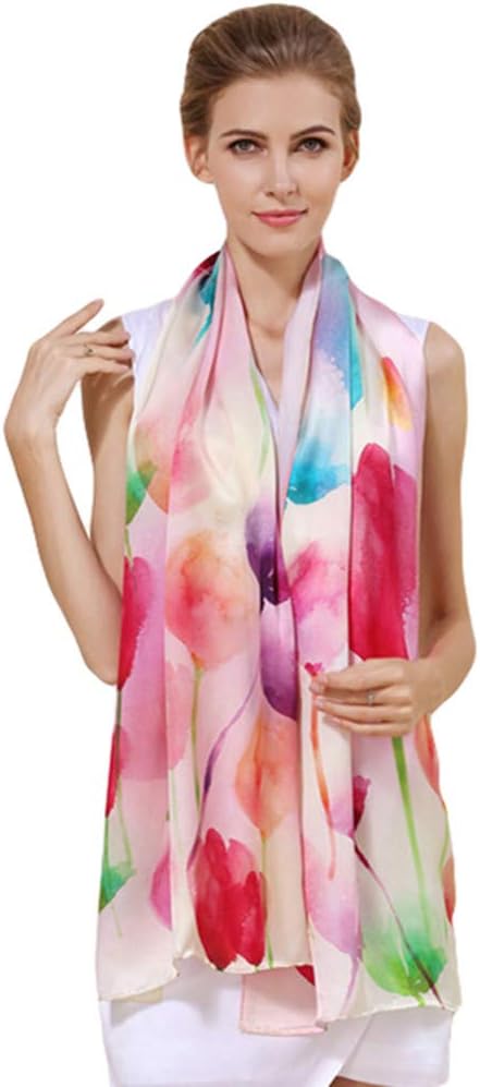 Women's 100% Charmeuse Mulberry Silk Long Scarf For Gift Hair Ladies Shawls Floral And Butterfly Scarves