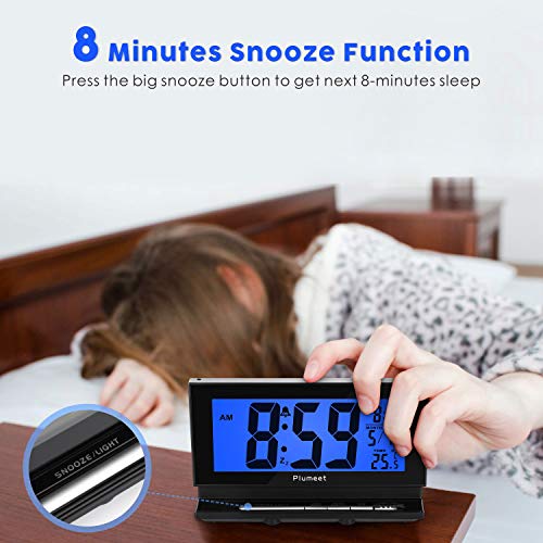 Auto-Night Light Clock - Plumeet Digital Alarm Clock Large LCD Display with Low High Dimmer Backlight - Temperature - Calendar - Ascending Sound and Snooze Function - Battery Operated Only (Blue)