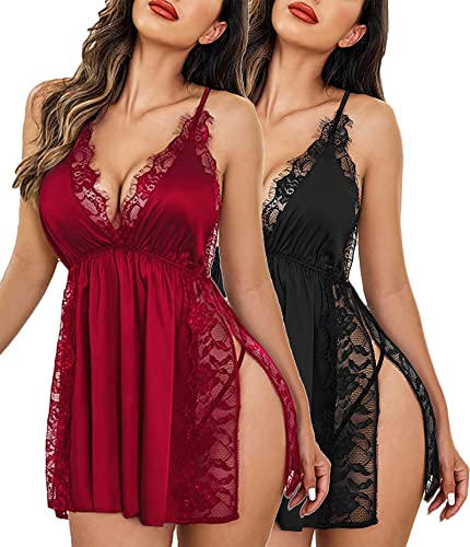 Image of FIMS - Fashion is my style Women's Satin Above The Knee Babydoll Lingerie Set Regular Nightgown
