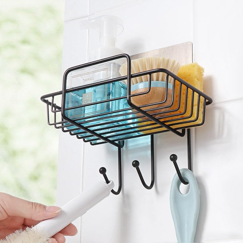 Image of Wall Mounted Soap Dish with Hooks, Self Adhesive Soap Holder for Bathroom & Kitchen, Rustproof Metal Soap Rack with Drain Design, No Drill Soap Tray Organizer for Shower, Black