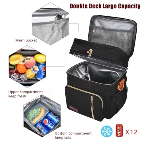 Image of MIYCOO Lunch Bag & Lunch Box for Women Men, Double Deck Leakproof Insulated Soft Large Adult Camping Cooler bag for Work, Beach, Picnic, Travel (Black Orange, 15L)