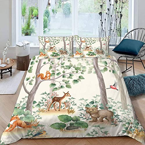 Housse de Couette en Microfibre Animaux De La Forêt Parure de Lit 140x200 Enfant 1 Personne Garcon et Fille 3D Imprimé Aquarelle Literie avec Fermeture...