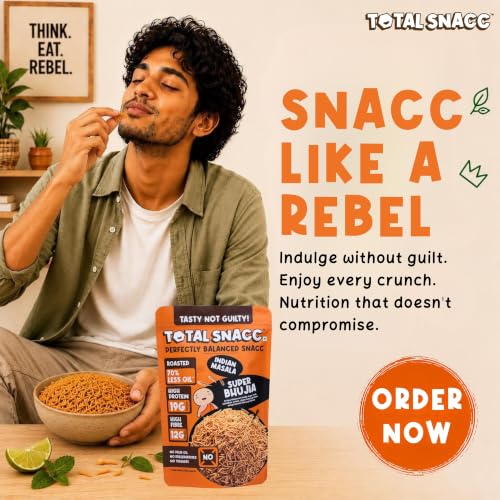 Image of TOTAL SNACC Roasted Bhujia Indian Masala (70g x 6) | High Protein 19g, High Fibre 12g | 70% Less Oil | No Palm Oil | Baked Bhujiya | Healthy Namkeen | High Protein Snacks | Diabetic Friendly | Millet Bhujia | Low Calorie