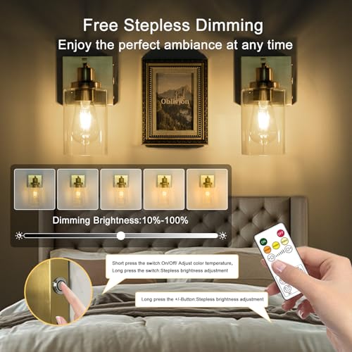 Image of Battery Operated Wall Sconce Set of Two Gold,Vintage Wall Light with Glass Shade,6000mAh Rechargeable Wireless Wall Lamp Indoor Dimmable with Remote,Cordless Wall Light Fixtures for Bathroom Bedroom