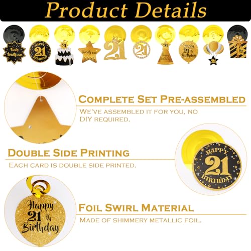 Image of Black Gold 21st Birthday Decorations for Him Happy 21st Banner and Swirls, Pre-Strung Party Supplies for 21 Year Old Party Decorations