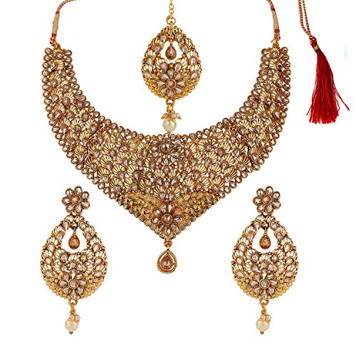 Efulgenz Indian Bollywood Traditional 14 K Gold Plated Crystal Wedding Bridal Choker Necklace Earrings Maangtikka Jewelry Set