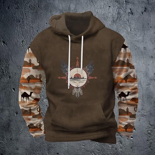 Men's Tribal Aztec Print Hoodie Sweatshirt Retro Casual Oversized Long Sleeve Lightweight Hooded Pullover with Pocket4