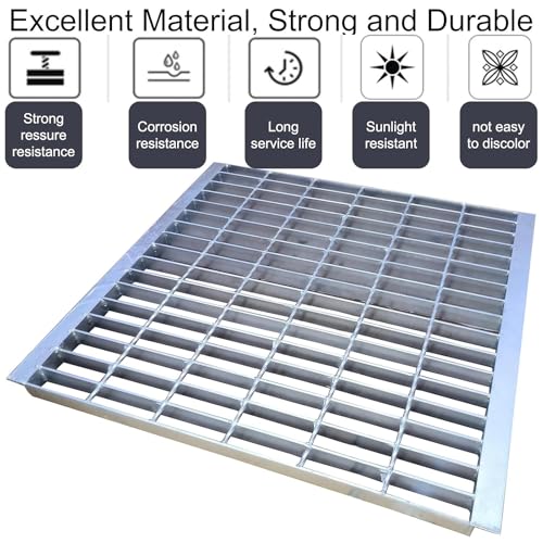 Image of Galvanized Steel Drain Grate with Lip 24x24 in, B-Class 28100 lbs Heavy-Duty Driveway Channel Cover w /Base, Outdoor Trench Drainage Grate, Silver Square Metal Sewer Cover for Garage